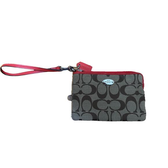 COACH Coin Purse with Card Slots Brown Canvas Red Trim Wallet - Picture 1 of 14